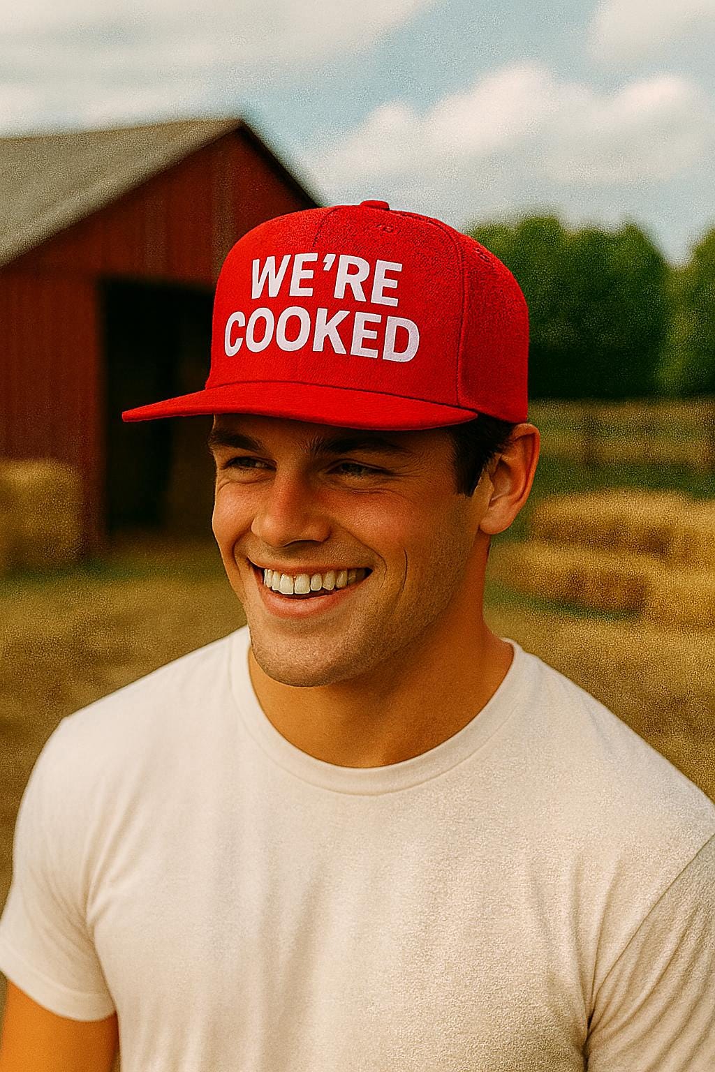 WE'RE COOKED Baseball Cap | Bold White Text, Red Hat, Funny Phrase